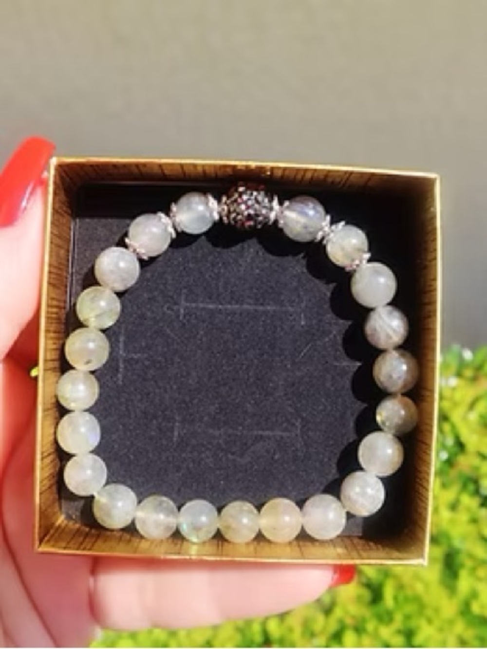 Labradorite Beaded Stretch Bracelet with Pave Accent - Unbranded - Gray